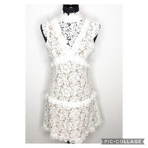 Space 46 white tan lace overlay tiered sleeveless dress size Large